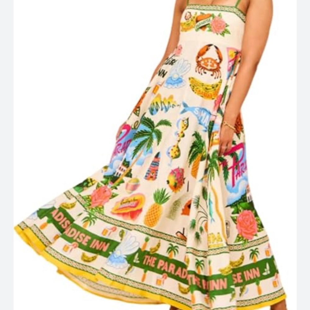 Tropical Cream Maxi Dress with Green Trim